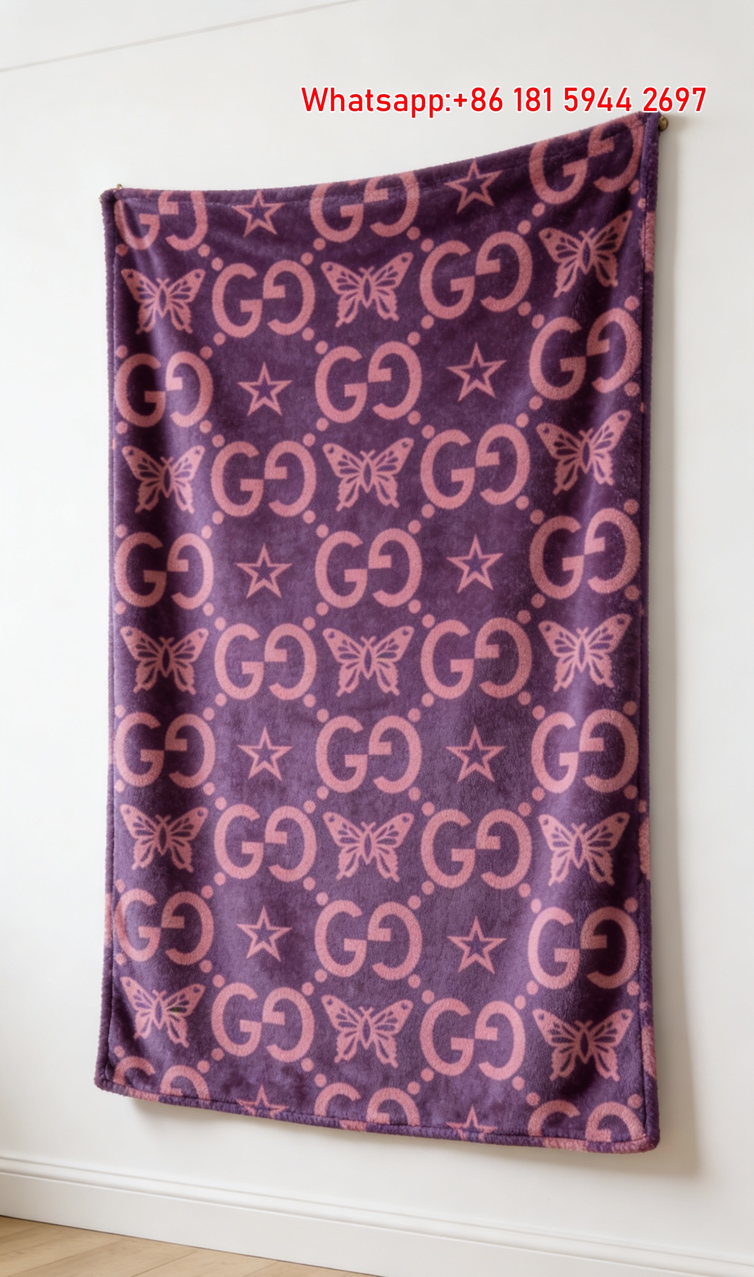 Gucci GG Monogram Butterfly & Star Flannel Blanket Purple Pink GG Monogram Wall Tapestry IMG_2616